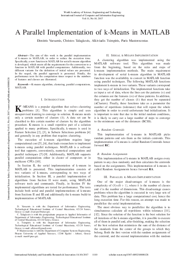 (PDF) A Parallel Implementation of k-Means in MATLAB