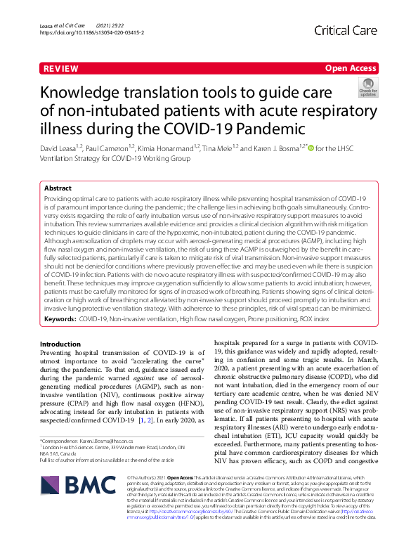 (PDF) Knowledge translation tools to guide care of non-intubated ...