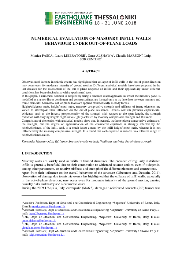 (PDF) Numerical Evaluation of Masonry Infill Walls Behaviour Under Out ...