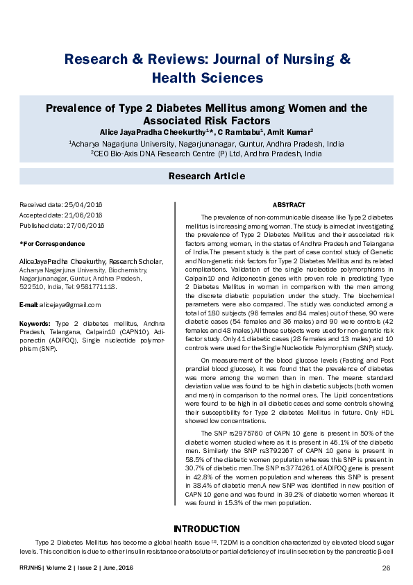 (PDF) Prevalence of Type 2 Diabetes Mellitus among Women and the ...