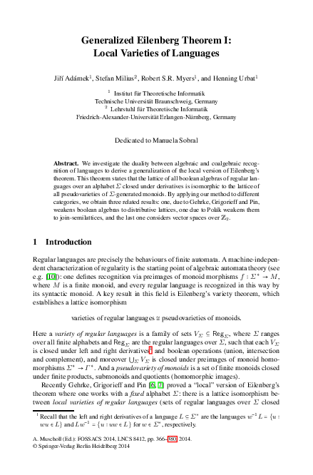 (PDF) Generalized Eilenberg Theorem I: Local Varieties of Languages