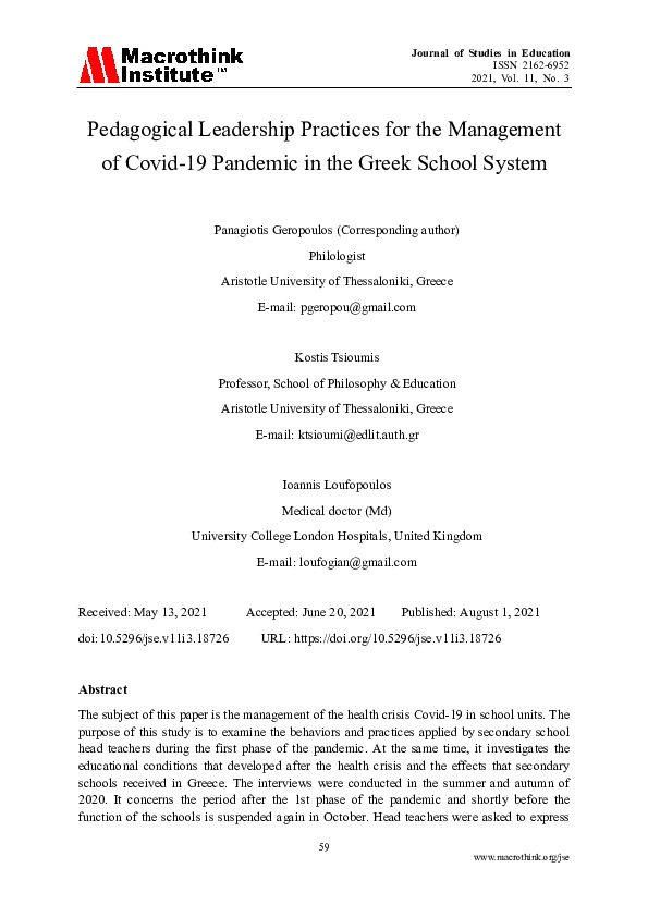 (PDF) Pedagogical Leadership Practices for the Management of Covid-19 ...