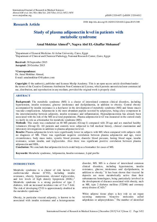 (PDF) Study of plasma adiponectin level in patients with metabolic syndrome