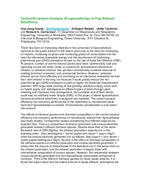(PDF) Techno-economic analysis of lignocellulose to fuel ethanol ...