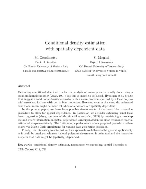 (PDF) Conditional density estimation with spatially dependent data