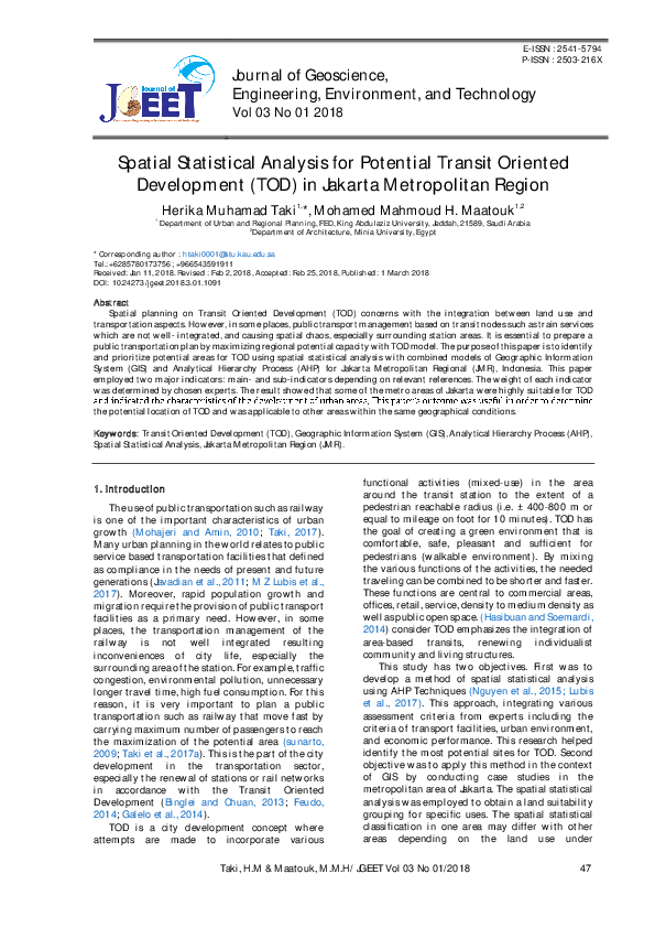 (PDF) Spatial Statistical Analysis for Potential Transit Oriented ...
