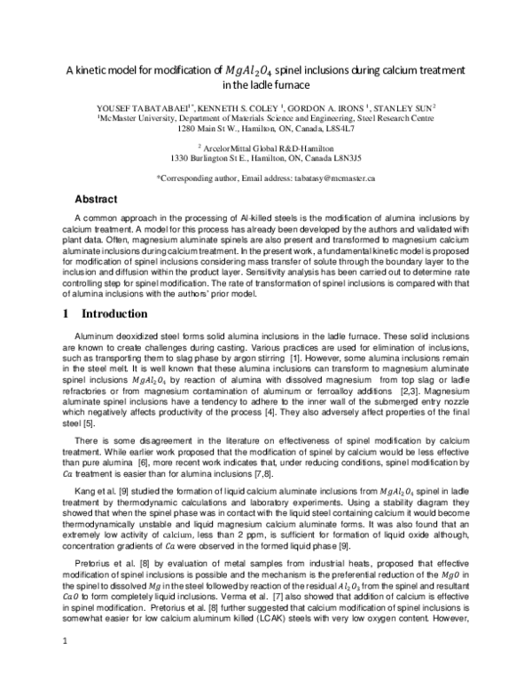 (PDF) A Kinetic Model for Modification of MgAl2O4 Spinel Inclusions ...