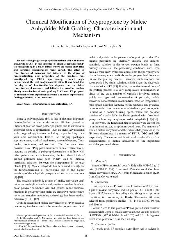 (PDF) Chemical Modification of Polypropylene by Maleic Anhydride: Melt ...