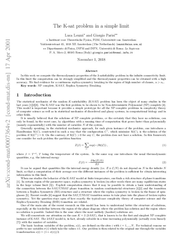 (PDF) A pr 2 00 1 The Ksat problem in a simple limit