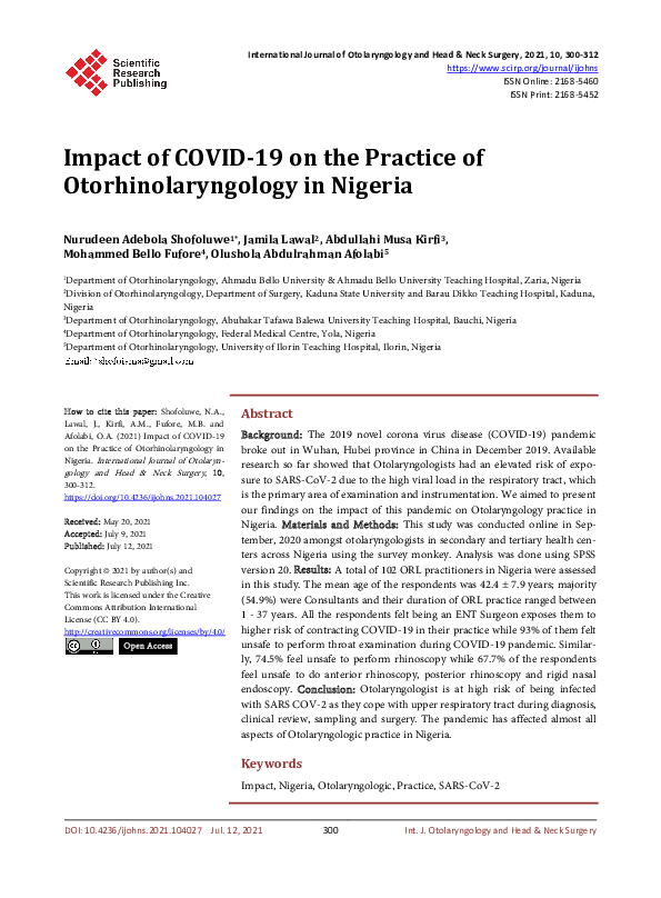 (PDF) Impact of COVID-19 on the Practice of Otorhinolaryngology in Nigeria