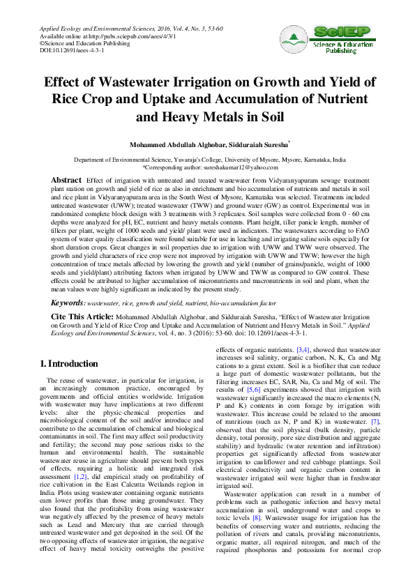 (PDF) Effect of Wastewater Irrigation on Growth and Yield of Rice Crop ...