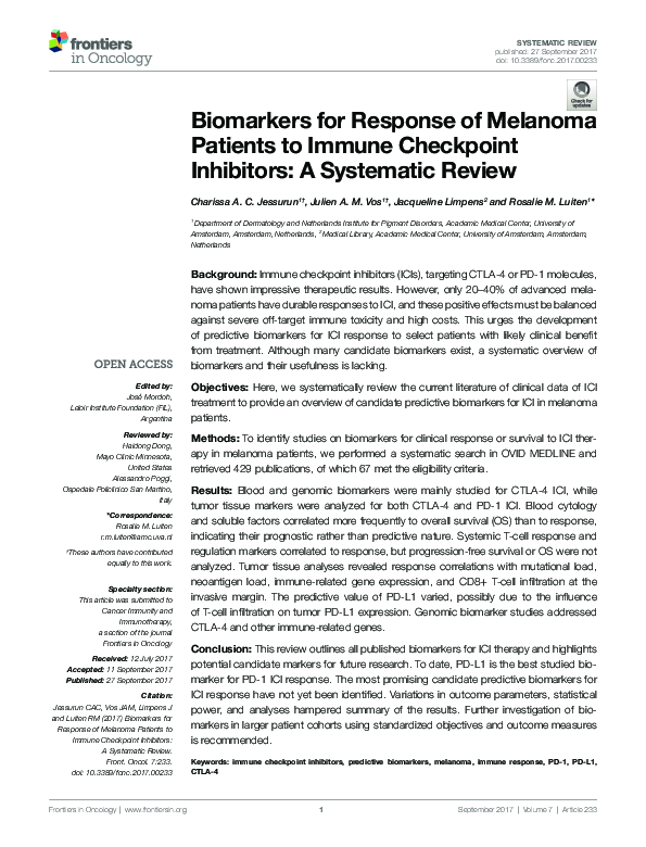 (PDF) Biomarkers for Response of Melanoma Patients to Immune Checkpoint ...
