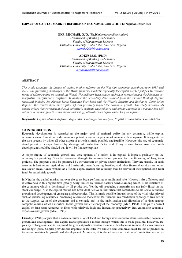 (PDF) IMPACT OF CAPITAL MARKET REFORMS ON ECONOMIC GROWTH: The Nigerian ...