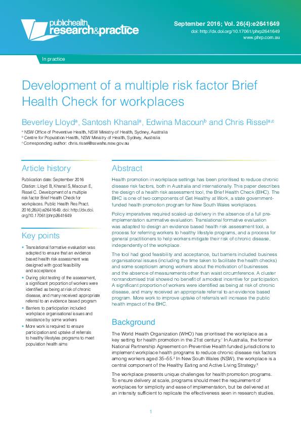 (PDF) Development of a multiple risk factor Brief Health Check for ...