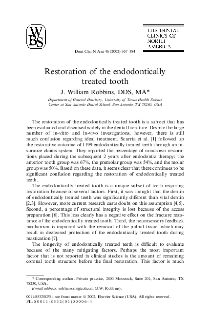 (PDF) Restoration of the endodontically treated tooth