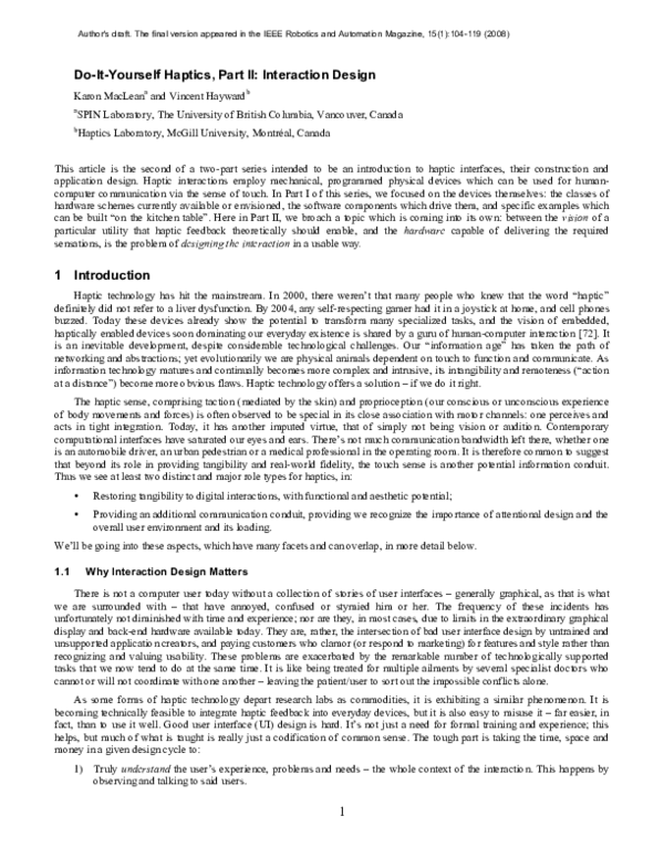 (PDF) Do-It-Yourself Haptics, Part II: Interaction Design | Karon ...