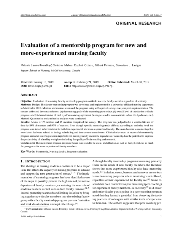 (PDF) Evaluation of a mentorship program for new and more-experienced ...