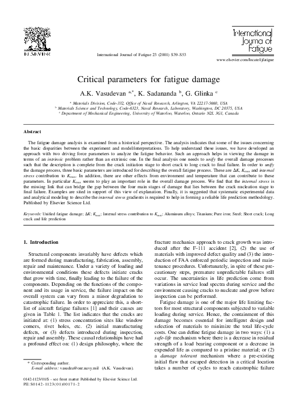 (PDF) Critical parameters for fatigue damage