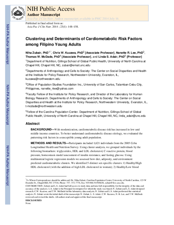 (PDF) Clustering and determinants of cardiometabolic risk factors among ...