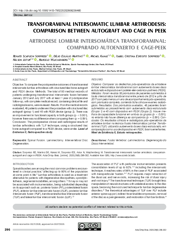 (PDF) Transforaminal Intersomatic Lumbar Arthrodesis: Comparison ...