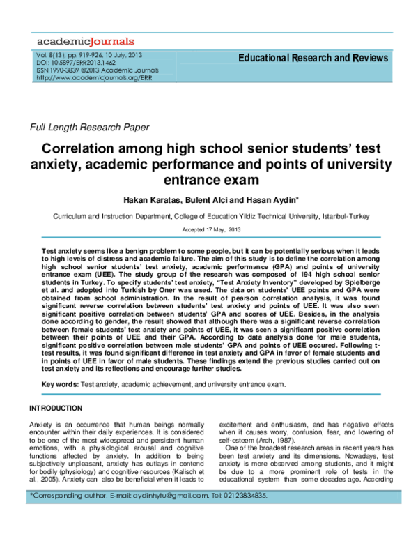 (PDF) Correlation among high school senior students test anxiety, academic performance and