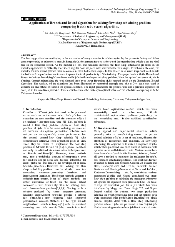 (PDF) Application of Branch and Bound algorithm for solving flow shop ...