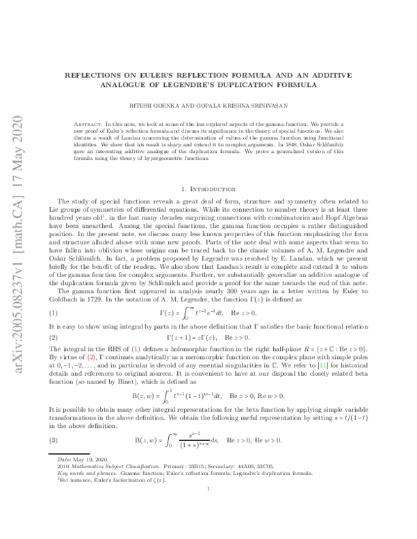(PDF) Reflections on Euler's reflection formula and an additive