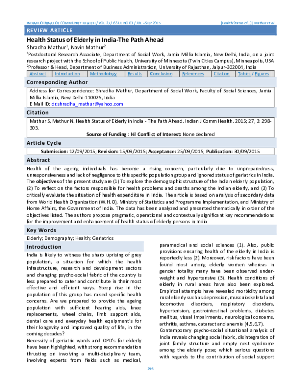 (PDF) Health Status of Elderly in India-The Path Ahead
