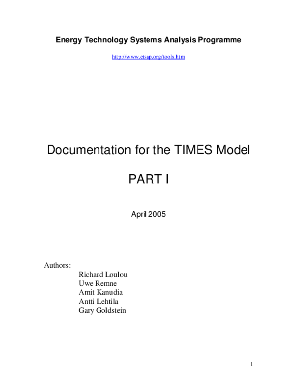 (PDF) Documentation for the TIMES Model PART I April 2005