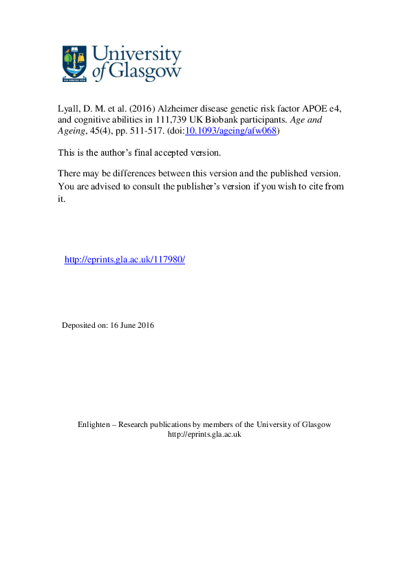 (PDF) Alzheimer disease genetic risk factor APOE e4 and cognitive ...