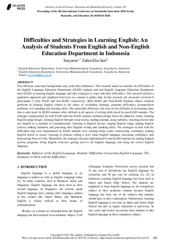 (PDF) Difficulties and Strategies in Learning English: An Analysis of ...