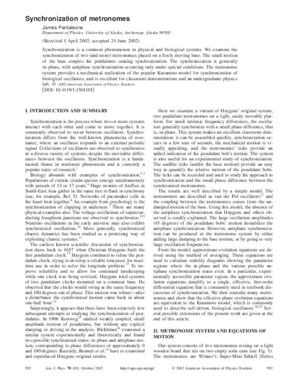 (PDF) Synchronization of metronomes