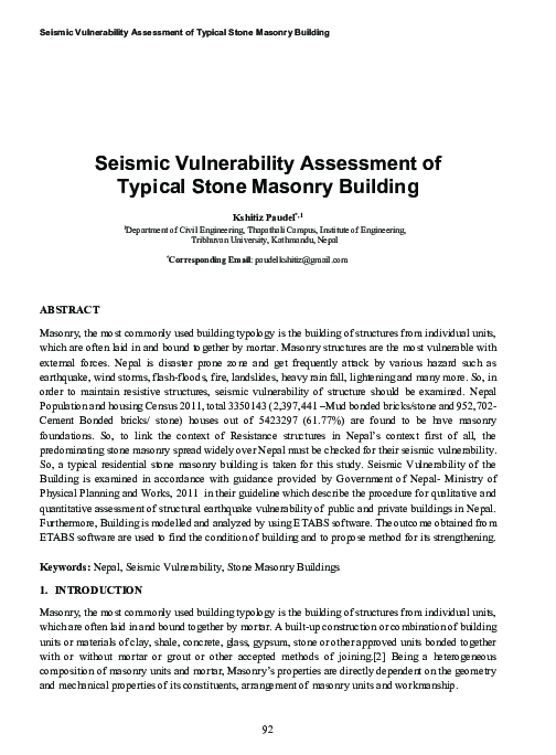 (PDF) Seismic Vulnerability Assessment of Typical Stone Masonry Building