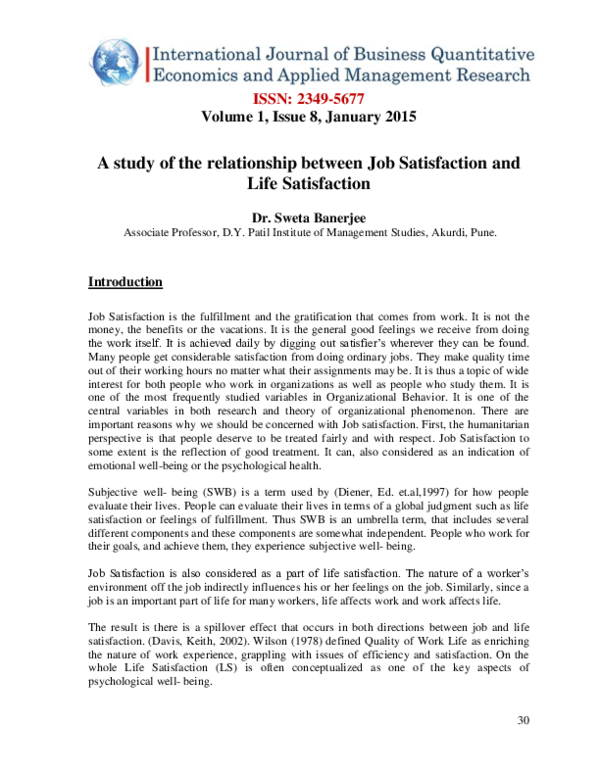 (PDF) A study of the relationship between Job Satisfaction and Life ...