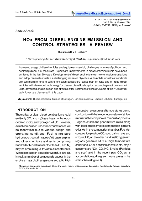(PDF) NOx FROM DIESEL ENGINE EMISSION AND CONTROL STRATEGIES — A REVIEW