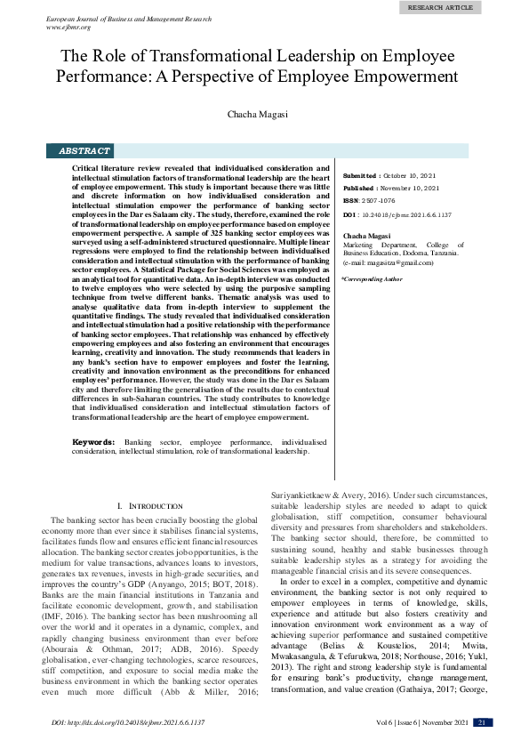 (PDF) The Role of Transformational Leadership on Employee Performance ...