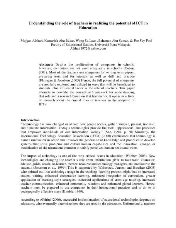 (PDF) Understanding the role of teachers in realizing the potential of ...