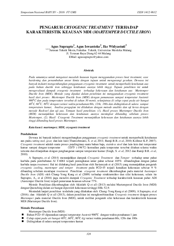 (PDF) Pengaruh Cryogenic Treatment Terhadap Karakteristik Keausan MDI ...