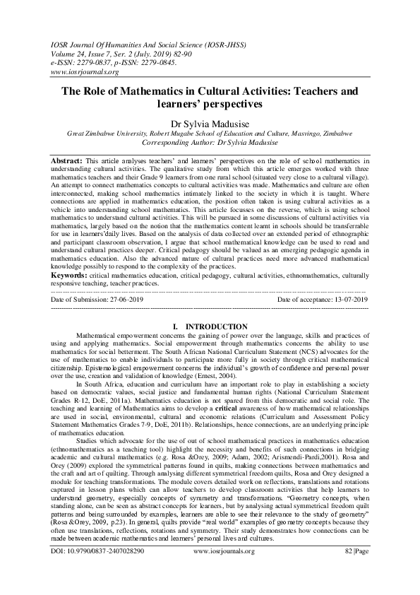 (PDF) The Role of Mathematics in Cultural Activities : Teachers and ...