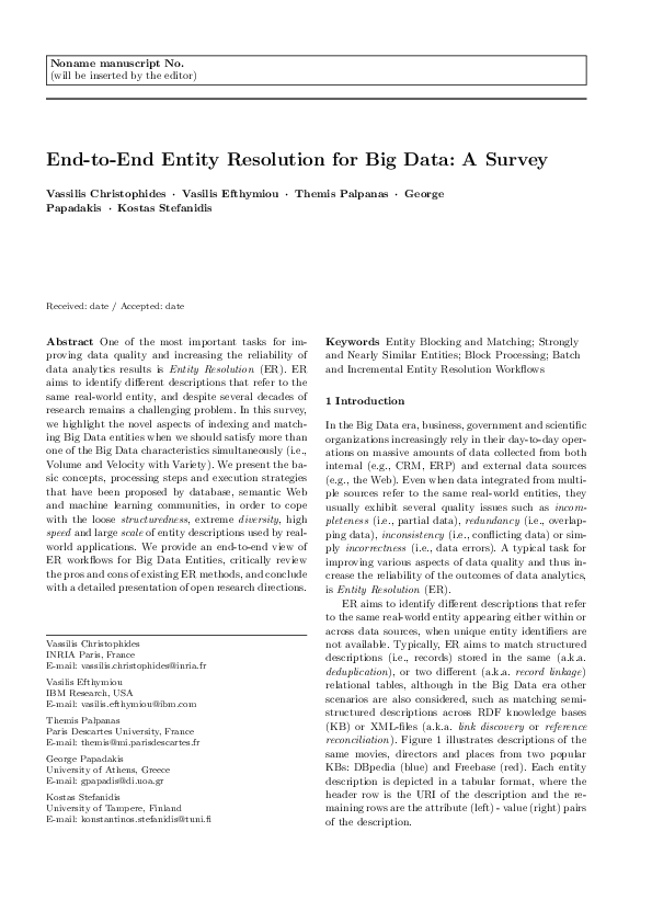 (PDF) End-to-End Entity Resolution for Big Data: A Survey