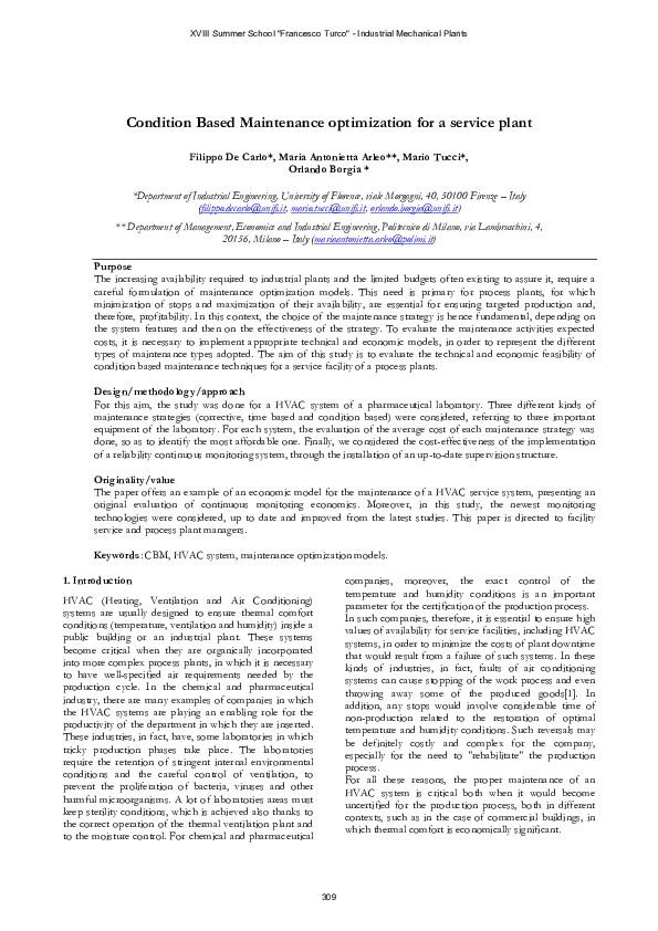 (PDF) Condition Based Maintenance optimization for a service plant