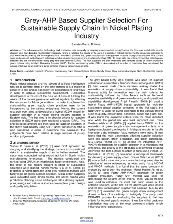 (PDF) Grey-AHP Based Supplier Selection For Sustainable Supply Chain In ...