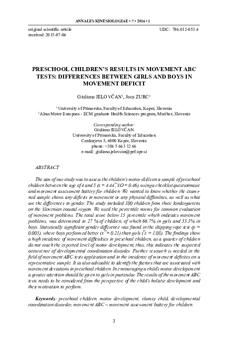 (PDF) Preschool Children's Results in Movement Abc Tests: Differences ...