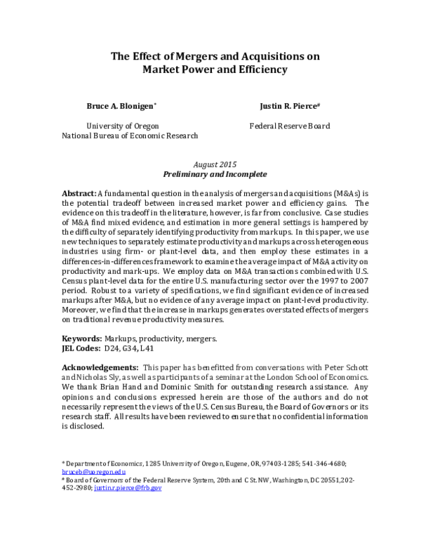 (PDF) The Effect of Mergers and Acquisitions on Market Power and Efficiency