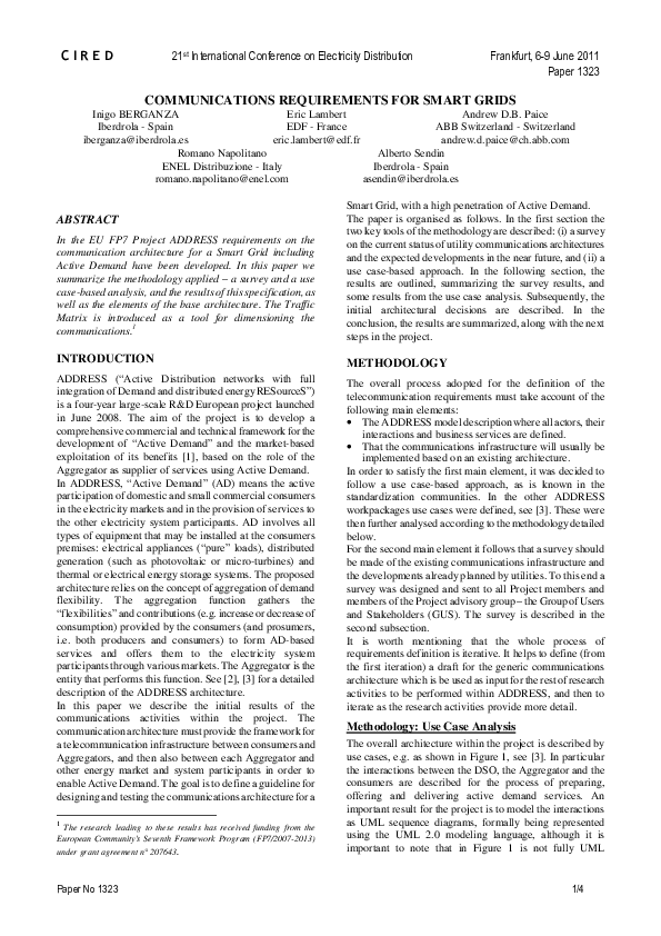 (PDF) Communications Requirements for Smart Grids
