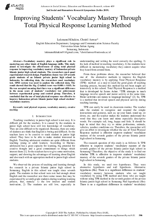 (PDF) Improving Students’ Vocabulary Mastery Through Total Physical ...