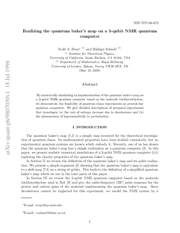 (PDF) Realizing the quantum baker's map on a 3-qubit NMR quantum computer