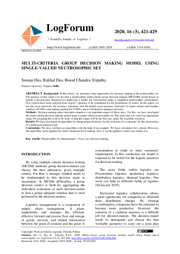 (PDF) Multi-criteria group decision making model using single-valued ...