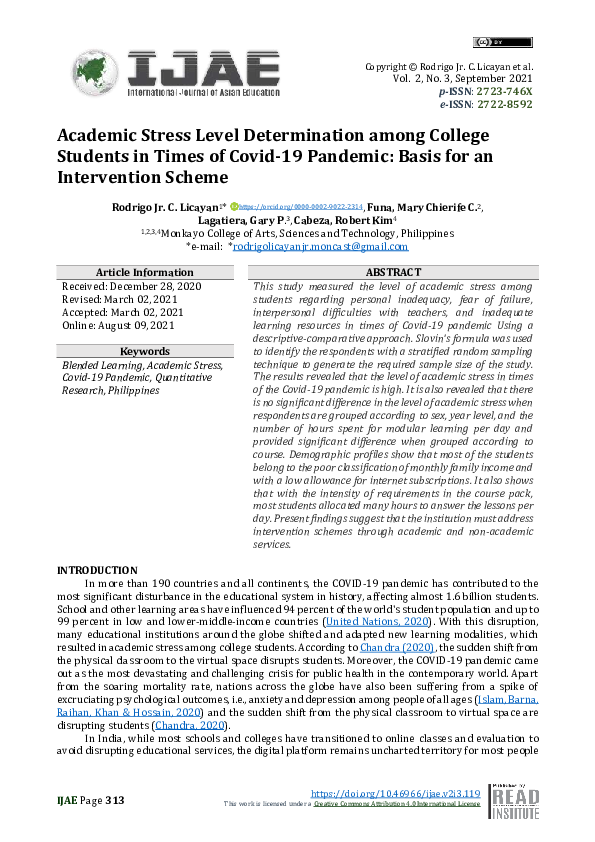(PDF) Academic Stress Level Determination among College Students in ...