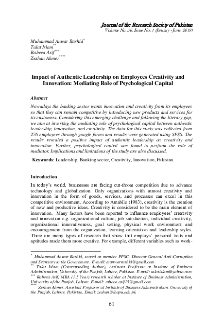 (PDF) Impact of Authentic Leadership on Employees Creativity and ...